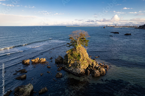 Obraz na płótnie 雨晴海岸・女岩と立山連峰(ドローンによる空撮) w salonie