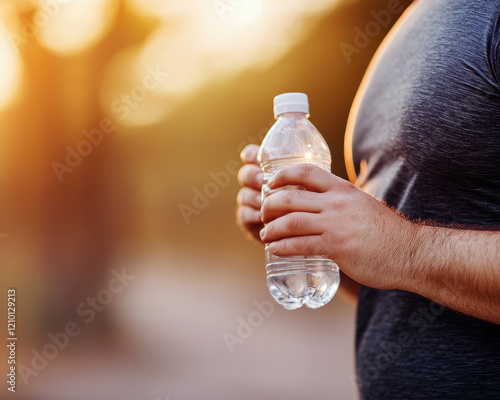 gym goer taking water break, holding bottle of water in sunny outdoor setting. moment captures importance of hydration during workouts photo