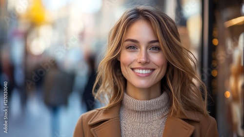Wallpaper Mural Young Woman Smiling Outdoors Wearing a Brown Coat Torontodigital.ca