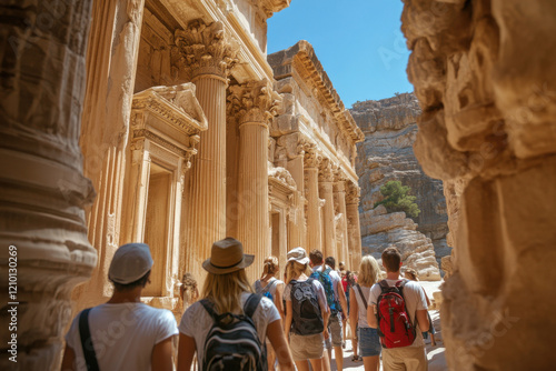 Group of diverse tourists visiting a famous landmark photo