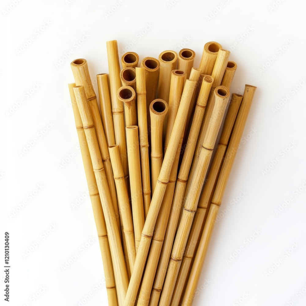 Natural Bamboo Straws Stacked Together on a White Background Natural Bamboo Straws Stacked Together on a White Background