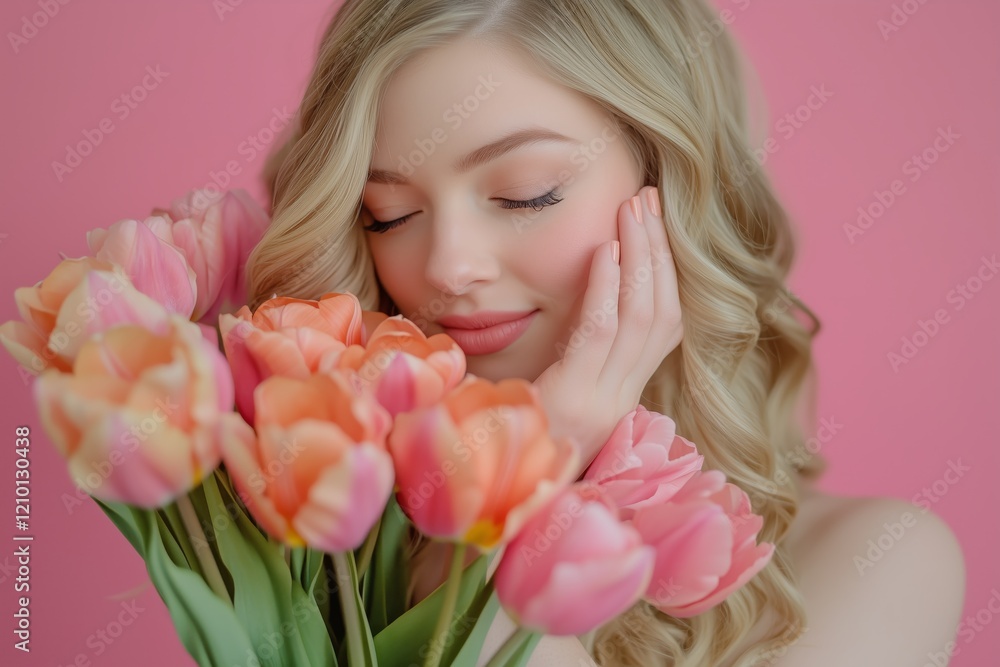 Portrait of cheerful young lady with romantic spring bouquet of tulips over pink studio background. Gorgeous blonde enjoying Woman's Day celebration, receiving flowers as special gift Portrait of cheerful young lady with romantic spring bouquet of tulips over pink studio background. Gorgeous blonde enjoying Woman's Day celebration, receiving flowers as special gift
