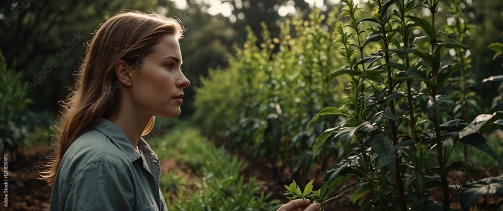 Woman in a Green Garden: A young woman, with a contemplative expression, stands in a lush green garden, bathed in the soft glow of the setting sun. Her hand gently touches a delicate leaf. Woman in a Green Garden: A young woman, with a contemplative expression, stands in a lush green garden, bathed in the soft glow of the setting sun. Her hand gently touches a delicate leaf.