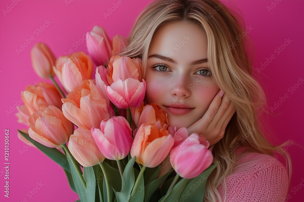 Portrait of cheerful young lady with romantic spring bouquet of tulips over pink studio background. Gorgeous blonde enjoying Woman's Day celebration, receiving flowers as special gift Portrait of cheerful young lady with romantic spring bouquet of tulips over pink studio background. Gorgeous blonde enjoying Woman's Day celebration, receiving flowers as special gift