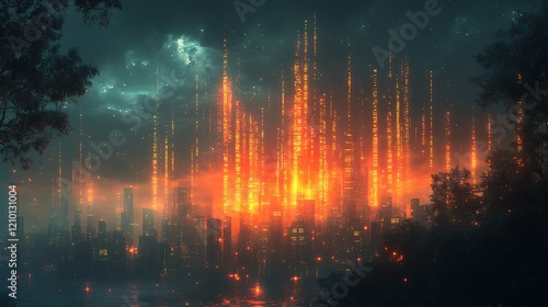 Cyberpunk Cityscape  A futuristic city ablaze with vibrant orange and yellow energy beams  piercing the night sky  creating a dramatic and otherworldly atmosphere.