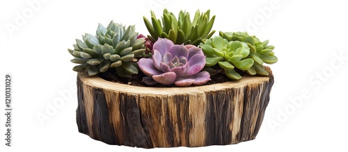 Succulent terrarium with Echeveria lilacina in rustic wooden stump pot ideal for stylish indoor home decor and plant enthusiasts photo