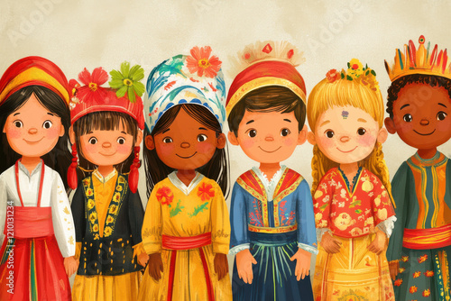 Illustration of children in traditional outfits from different cultures, celebrating diversity photo