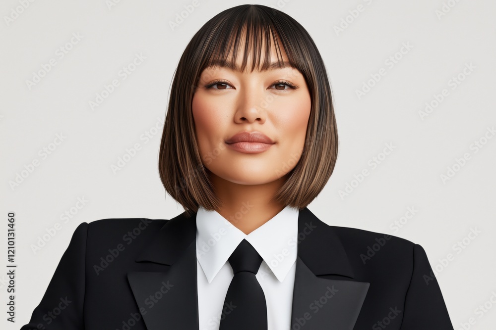 A confident woman with a bob haircut wearing a black suit and tie against a light background. A confident woman with a bob haircut wearing a black suit and tie against a light background.