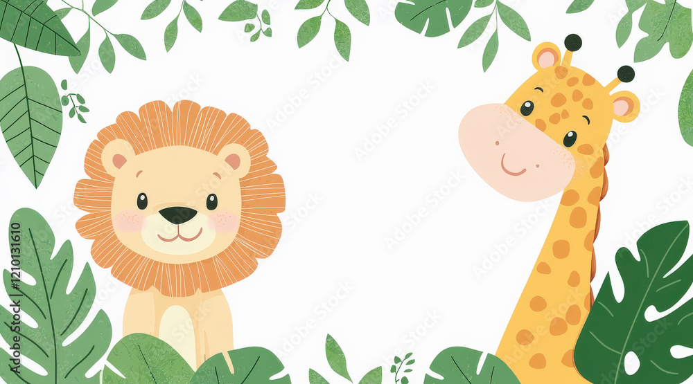 Obraz premium Dibujo en color de un león y una jirafa rodeados de plantas y hojas verdes, sobre fondo blanco con espacio vacio en el centro. Concepto tarjetas de felicitacion para niños, cuentos infantiles