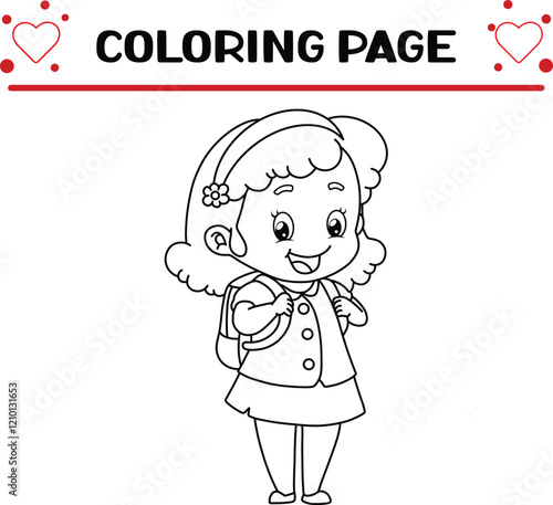 happy student girl is ready go school coloring page for kids