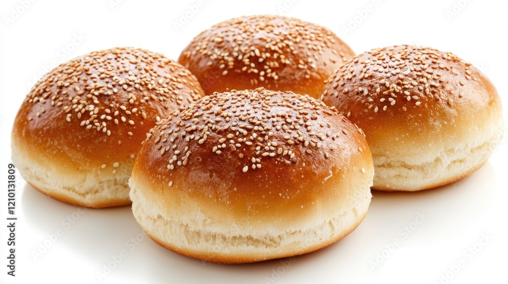 Delicious freshly baked sesame seed buns arranged on a white background showcasing their golden brown texture and soft appearance Delicious freshly baked sesame seed buns arranged on a white background showcasing their golden brown texture and soft appearance
