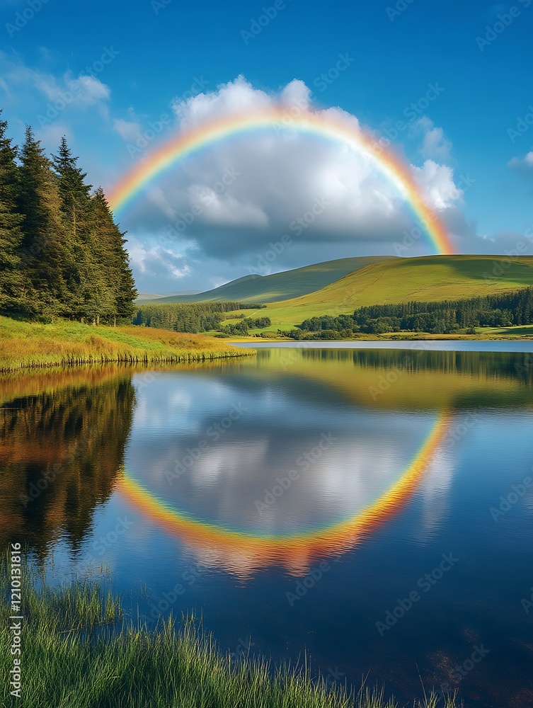 Rainbow reflected in calm lake, hills, and forest. Rainbow reflected in calm lake, hills, and forest.