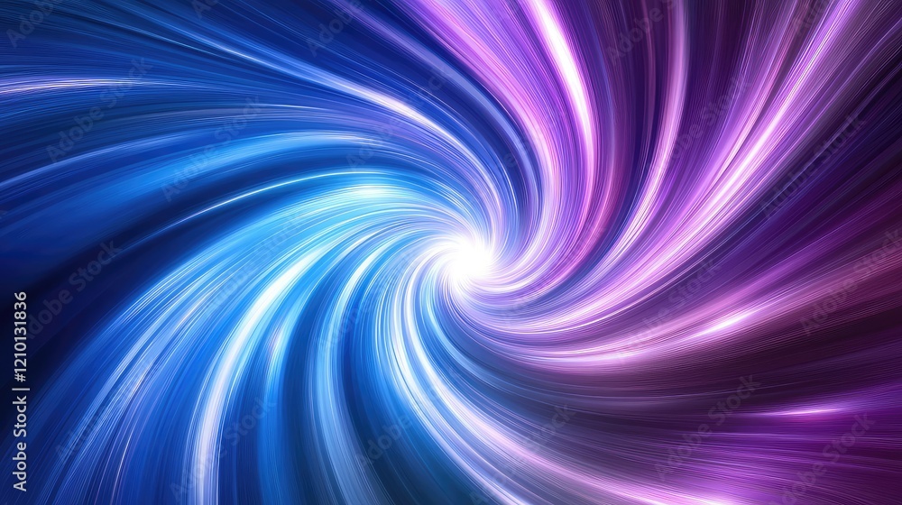 Fototapeta premium Dynamic swirling vortex in vibrant blue and purple tones with luminous bright light at the center, abstract digital backdrop for cosmic themes.