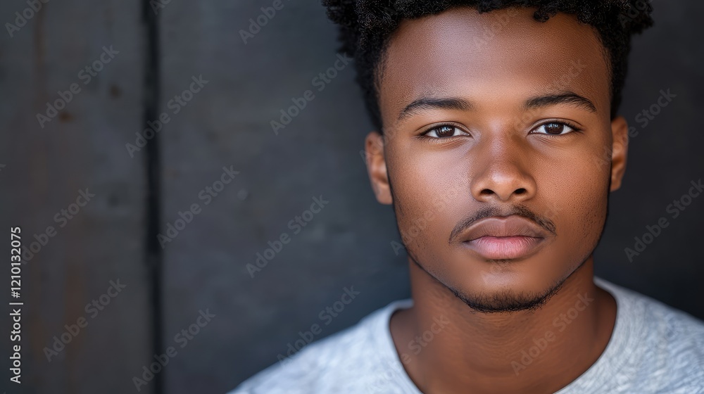 Portrait of a young male actor with curly hair and natural skin tone, wearing a light gray shirt, against a dark textured background. Portrait of a young male actor with curly hair and natural skin tone, wearing a light gray shirt, against a dark textured background.