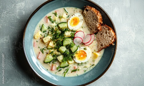 Refreshing kholodny soup served in a blue bowl alongside slices of bread on a soft gray backdrop photo