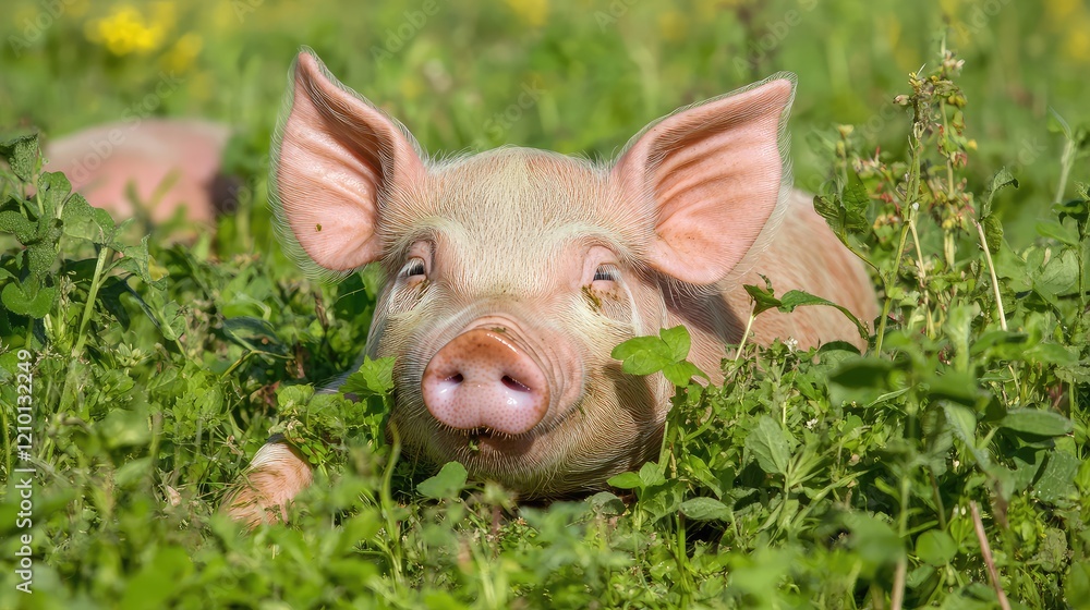 Organic Pig Farming Concept with Pink Piglet in Lush Green Pasture Surrounded by Wildflowers Symbolizing Sustainable Agriculture and Livestock Health Organic Pig Farming Concept with Pink Piglet in Lush Green Pasture Surrounded by Wildflowers Symbolizing Sustainable Agriculture and Livestock Health