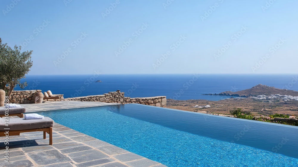 Fototapeta premium Luxury infinity pool overlooking the tranquil blue sea and distant beach with clear sky in a serene coastal setting.