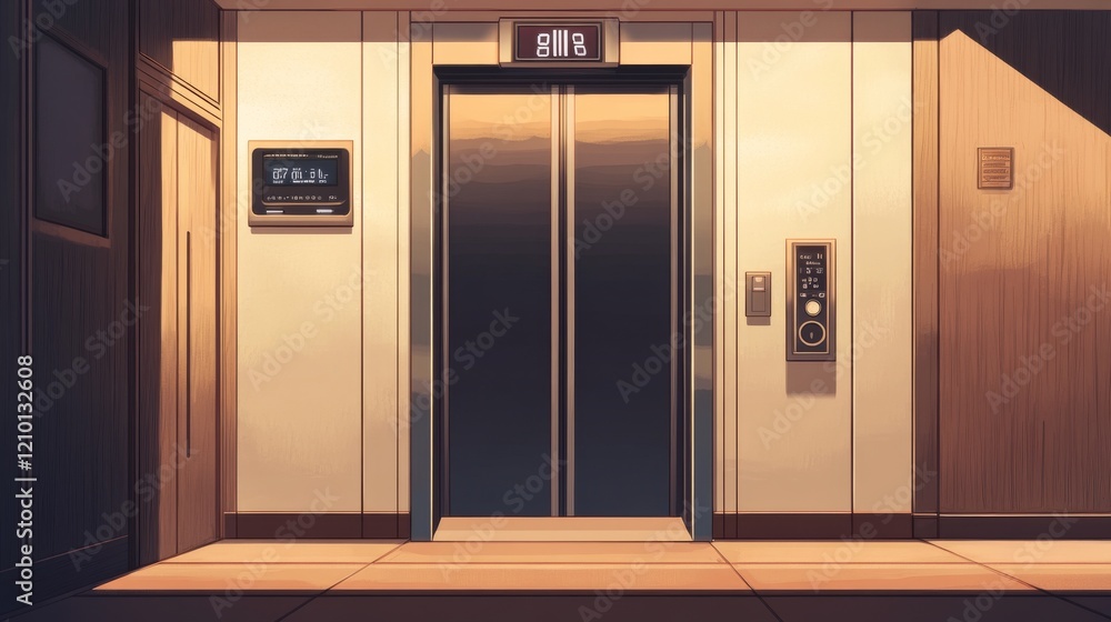 Empty elevator cabin with closed steel doors inside view. Vector realistic interior of passenger lift with buttons panel and digital display with number of floor in house or office building Empty elevator cabin with closed steel doors inside view. Vector realistic interior of passenger lift with buttons panel and digital display with number of floor in house or office building