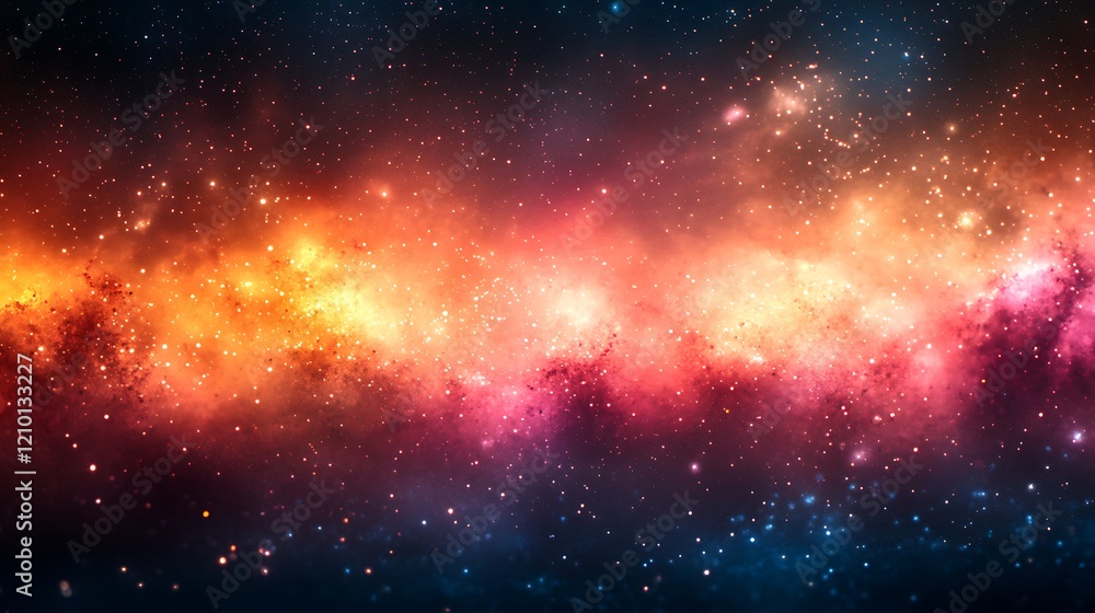 Fototapeta premium Cosmic Canvas: A vibrant nebula bursts with color, a breathtaking spectacle of cosmic dust and gas swirling in shades of orange, pink, and blue.