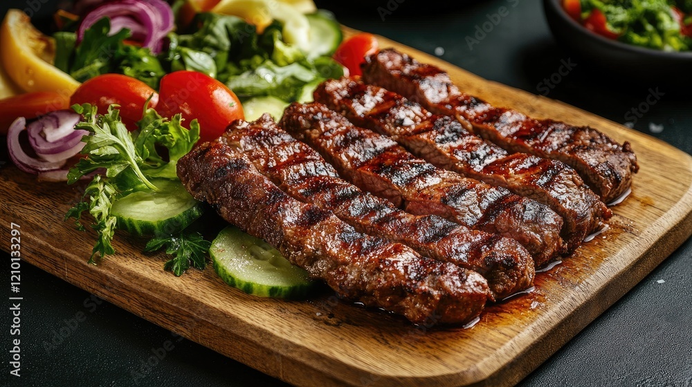 Grilled beef skewers served with fresh salad and vegetables on a rustic wooden board featuring traditional culinary delights Grilled beef skewers served with fresh salad and vegetables on a rustic wooden board featuring traditional culinary delights