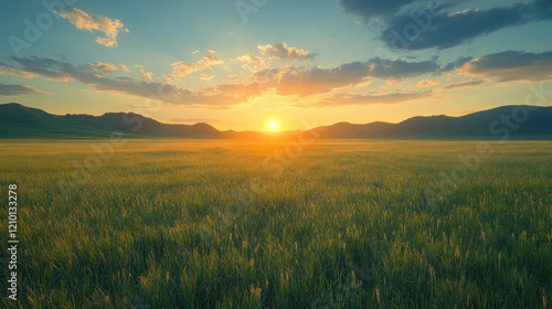 Wallpaper Mural Golden sunset over a vast field of green grass with distant mountains under a cloudy sky Torontodigital.ca