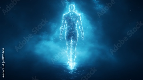 Ethereal Being: A luminous human figure, composed of shimmering blue energy, strides forward through a misty, ethereal landscape, representing a potent force of spiritual energy and transformation.
