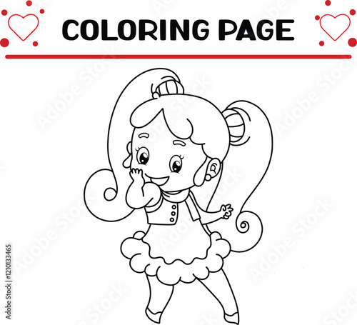 little girl with long hair is doing pose coloring page for kids