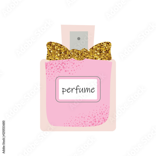 Elegant pink perfume bottle with a golden bow. Stylish feminine accessory for beauty and luxury themes. Flat vector illustration isolated on white background.