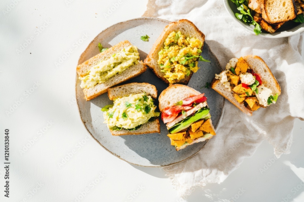 Colorful sandwiches on a textured plate with playful shadows in natural light Colorful sandwiches on a textured plate with playful shadows in natural light