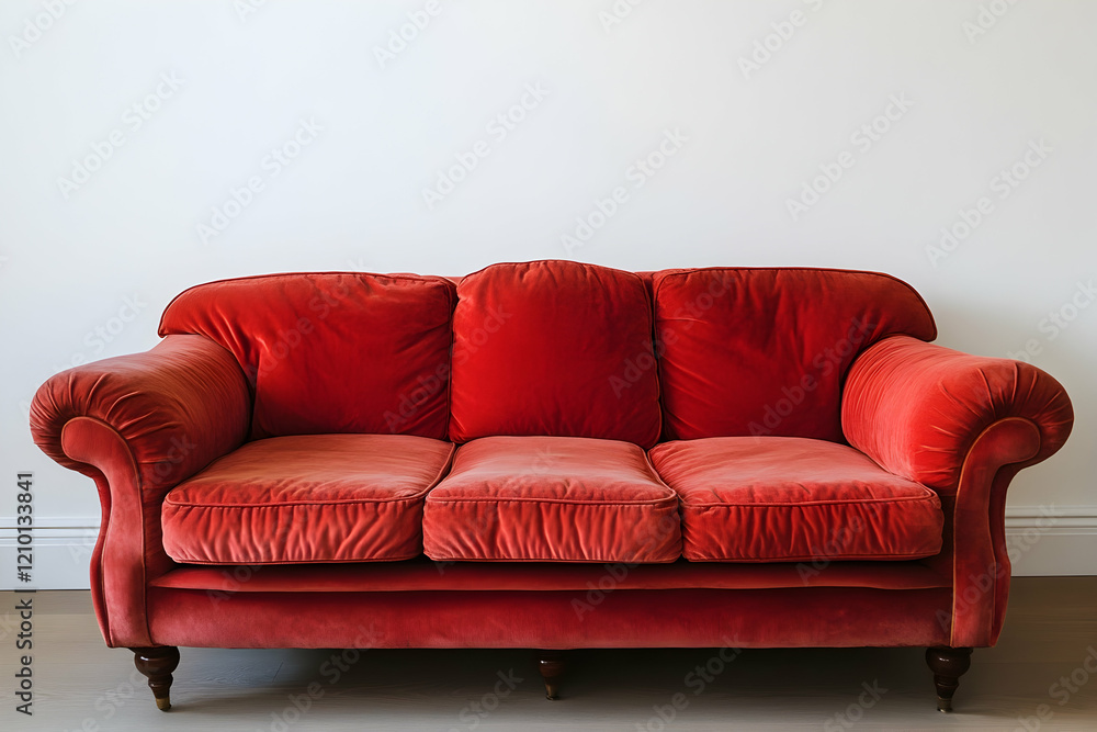 Fototapeta premium Red sofa against a white wall with Minimalist interior design of a modern living room