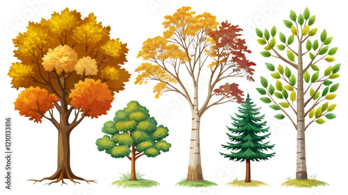 Trees isolated white background Oak maple linden birch