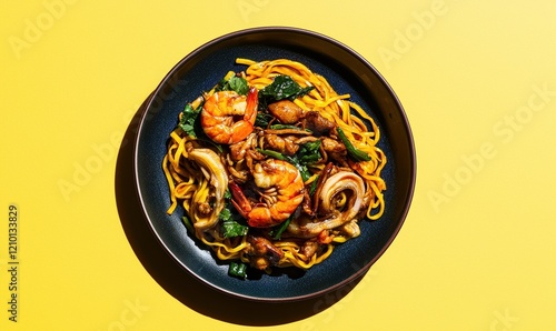 Savor the rich umami of hokkien mee with prawns and squid on a dark blue plate against a muted yellow backdrop photo