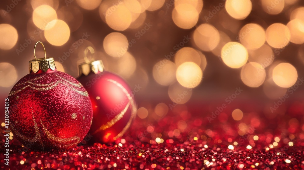 Bright ruby red and glowing gold bokeh circles enhance holiday decorations for a festive atmosphere Bright ruby red and glowing gold bokeh circles enhance holiday decorations for a festive atmosphere