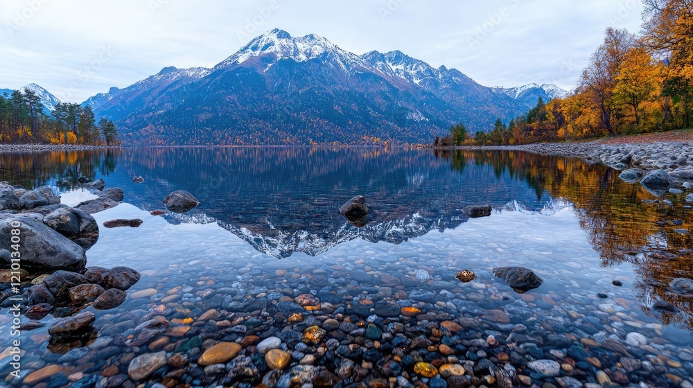 Fototapeta premium Snow-capped mountain range reflects in the calm, clear water of a scenic alpine lake surrounded by autumn foliage.