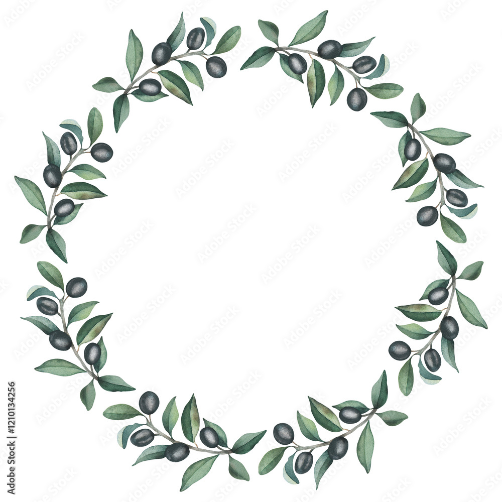 Wreath Frame. Watercolor Black Olive Twigs with Fruits, Leaves. White Background. For Packaging Design Cosmetics, Kitchen, Home Textiles, Invitations, Cafe Menus, Tableware, Stationery, Business Cards Wreath Frame. Watercolor Black Olive Twigs with Fruits, Leaves. White Background. For Packaging Design Cosmetics, Kitchen, Home Textiles, Invitations, Cafe Menus, Tableware, Stationery, Business Cards