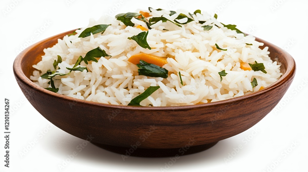 Freshly garnished fluffy rice in a wooden bowl with herbs and aromatic ingredients Freshly garnished fluffy rice in a wooden bowl with herbs and aromatic ingredients