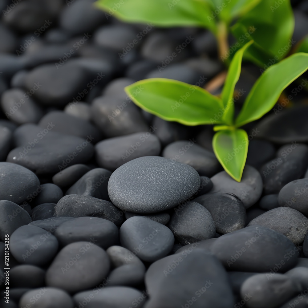 A close-up of smooth black pebbles scattered across a surface with a few vibrant green leaves interspersed, symbolizing tranquility. A close-up of smooth black pebbles scattered across a surface with a few vibrant green leaves interspersed, symbolizing tranquility.