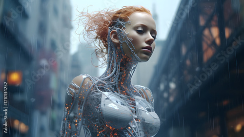 Cybernetic Woman in Rain