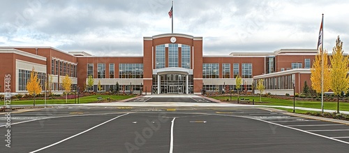 Autumn school campus, flag, parking lot