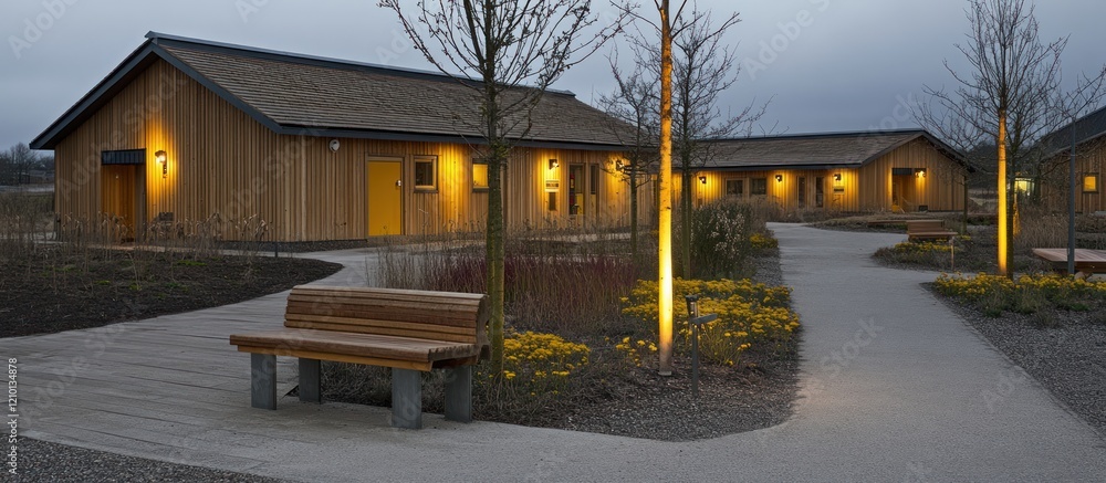 Fototapeta premium Dusk at tranquil wooden cabins, pathway, bench