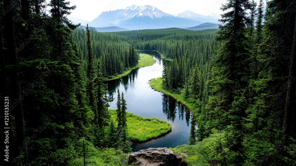 Winding glacier-fed river flowing through lush forested landscape Winding glacier-fed river flowing through lush forested landscape