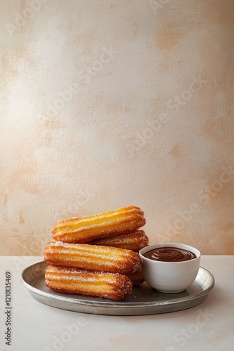 Delicious churros from Spain served with thick chocolate dipping sauce on a silver plate