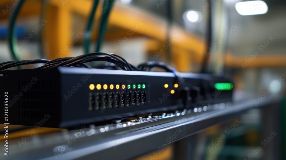 Network server displaying blinking lights and connected cables on a metal shelf within a data center, illustrating the complexity of modern technology and communication systems Network server displaying blinking lights and connected cables on a metal shelf within a data center, illustrating the complexity of modern technology and communication systems