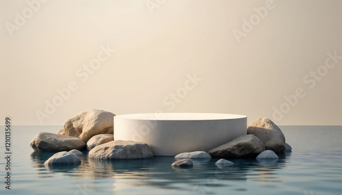an elegant podium, surrounded by rocks, floating on calm water. The scene is bathed in soft, natural light