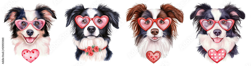Valentine's Day dog. Dogs with heart glasses on white background Valentine's Day dog. Dogs with heart glasses on white background