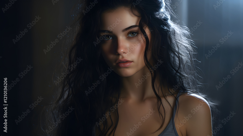 Serene Portrait of a Woman with Long Wavy Hair Serene Portrait of a Woman with Long Wavy Hair
