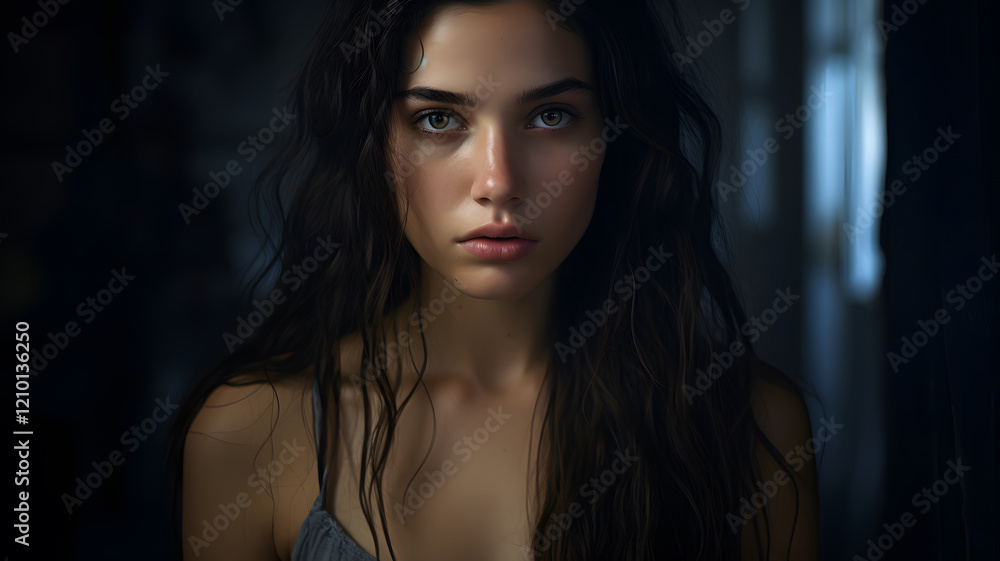 Serene Portrait of a Woman with Long Wavy Hair Serene Portrait of a Woman with Long Wavy Hair