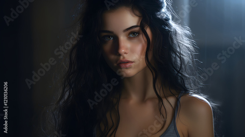 Serene Portrait of a Woman with Long Wavy Hair