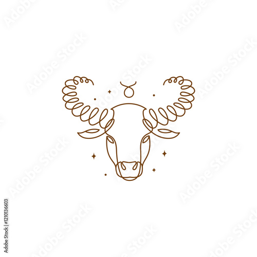 Continuous line drawing of astrological Taurus zodiac sign. Line art symbol and icon of esoteric zodiacal horoscope. Minimalist black linear sketch isolated on white background.
