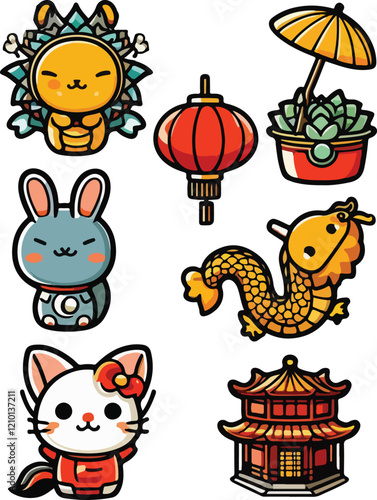 Chinese new year icon set. Lunar year decorations elements. Happy Lunar Year photo